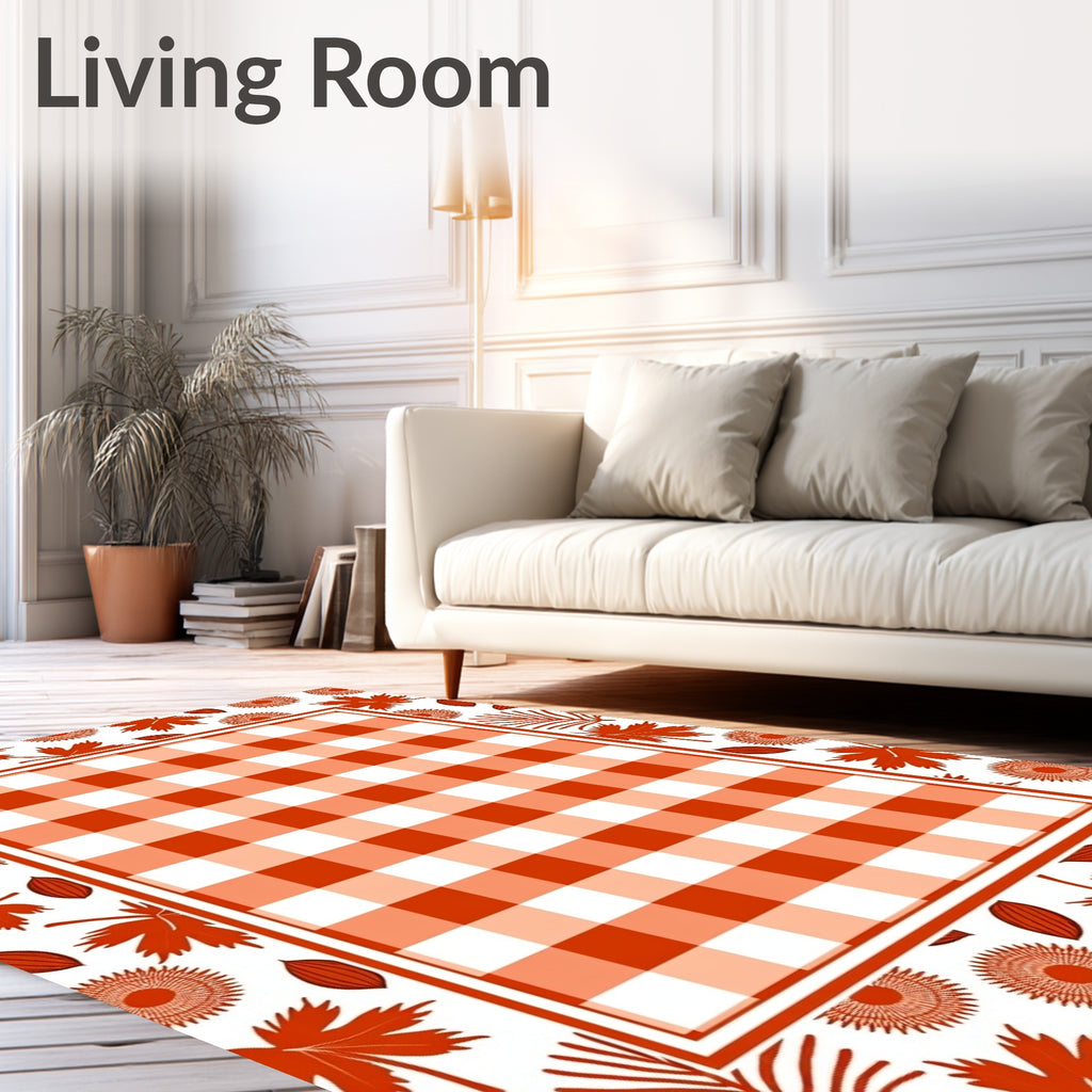 Orange Gingham Leafy Border Design Rug