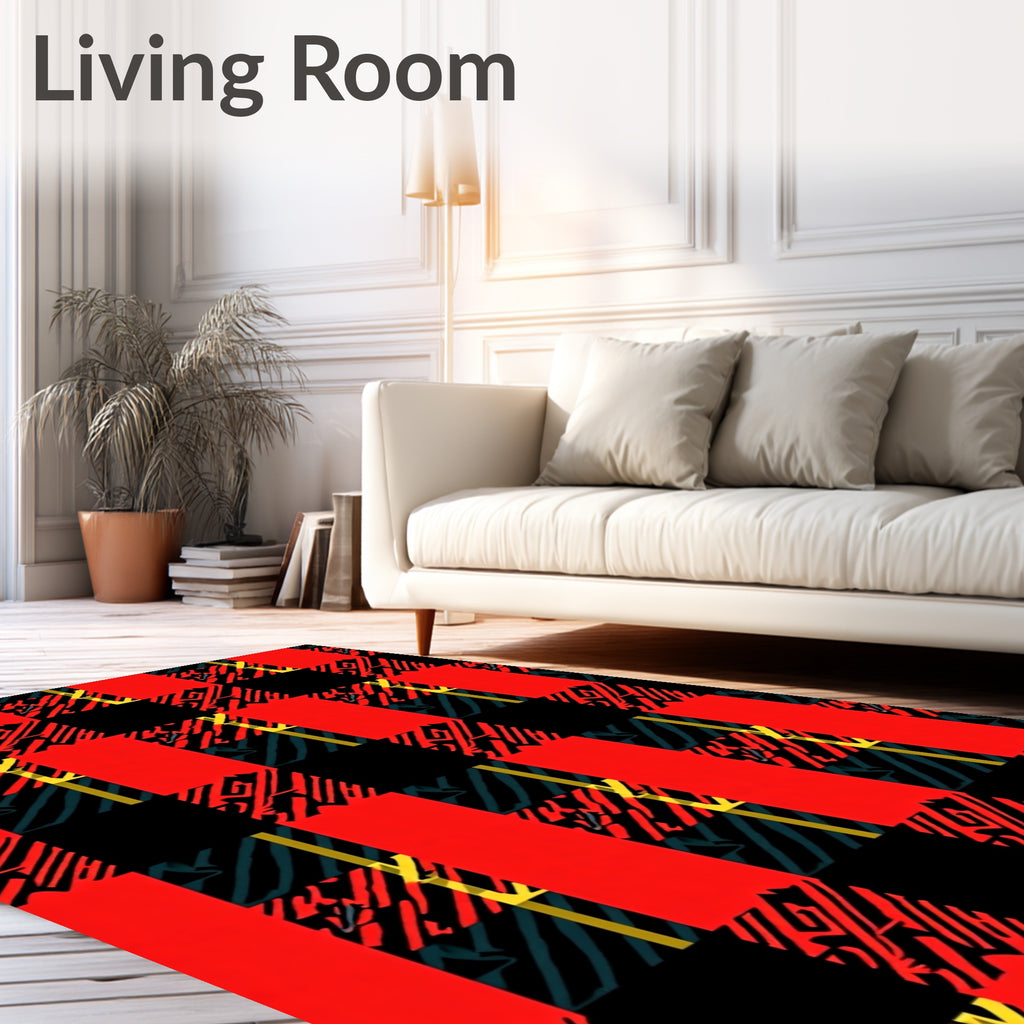 Bold Red Black Plaid Pattern Rug