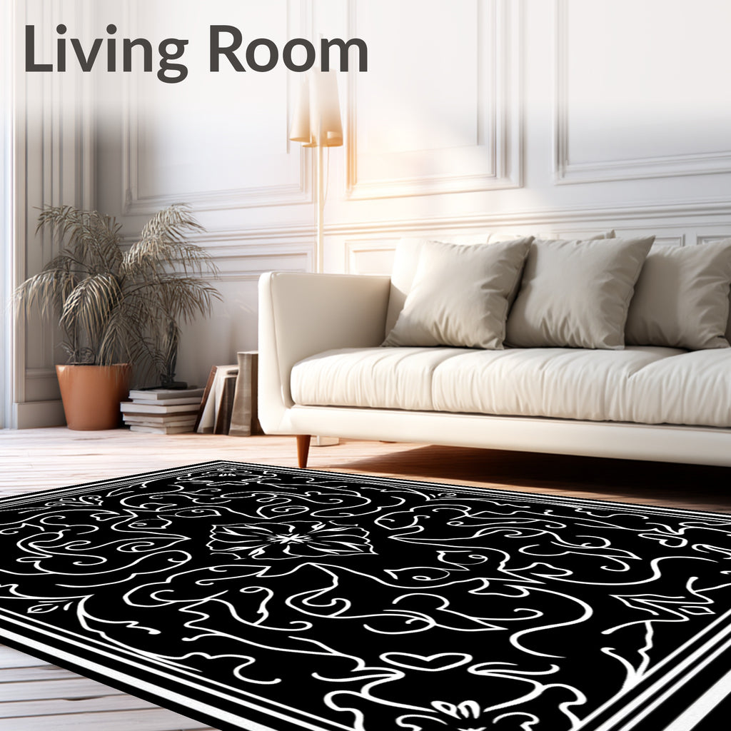 Black White Floral Scroll Design Rug