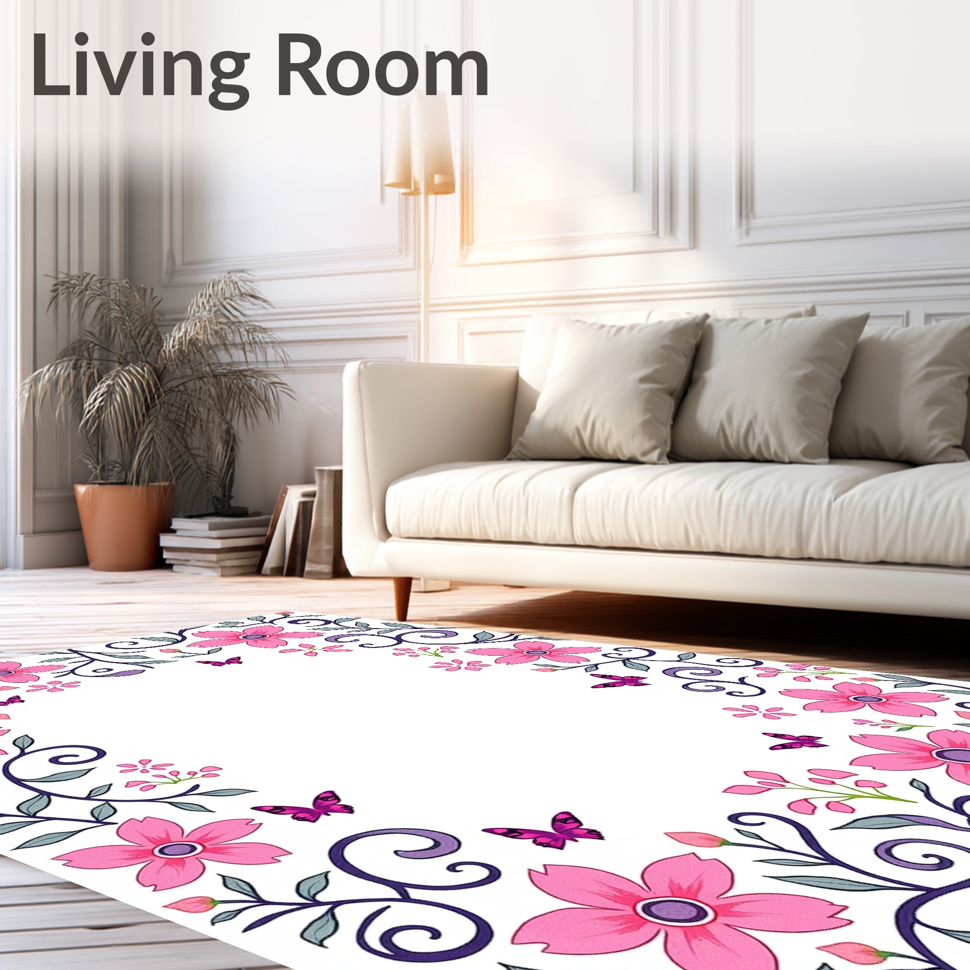 Bright Pink Floral Swirl Butterfly Design Rug