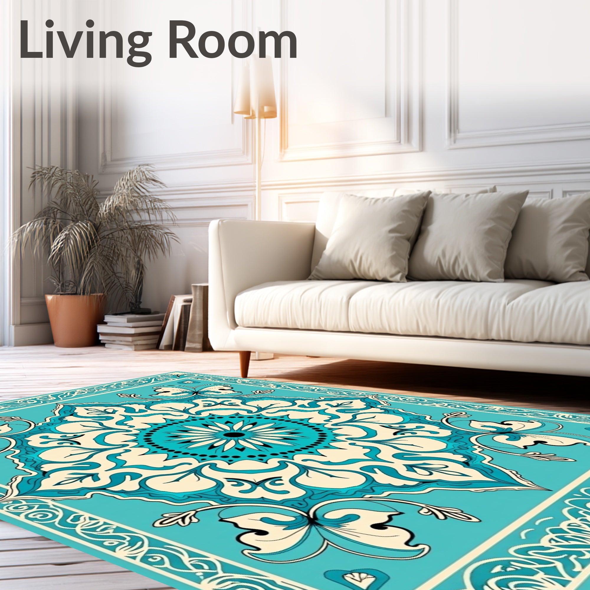 Turquoise Cream Floral Mandala Pattern Rug
