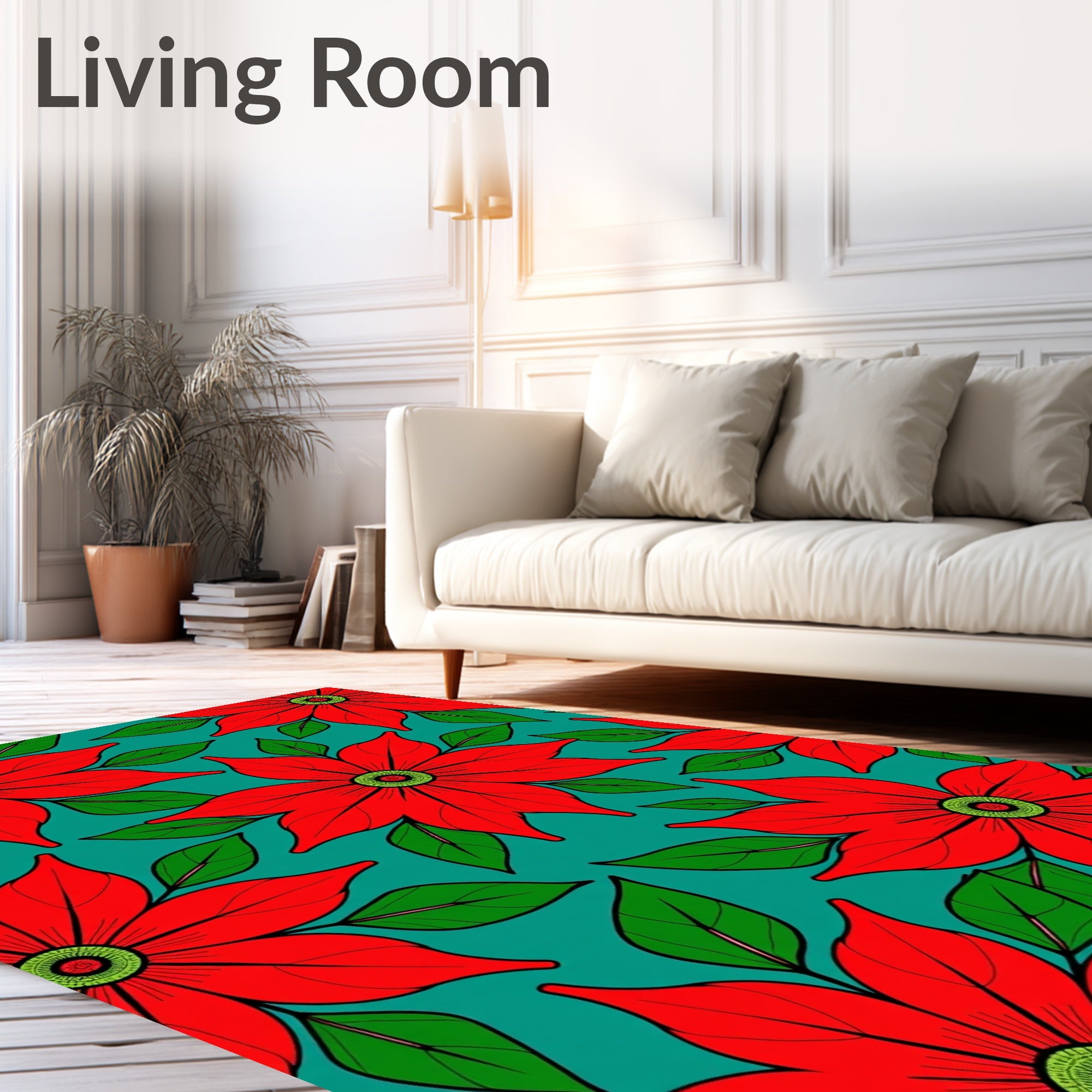 Red Floral Bold Pattern Teal Background Rug
