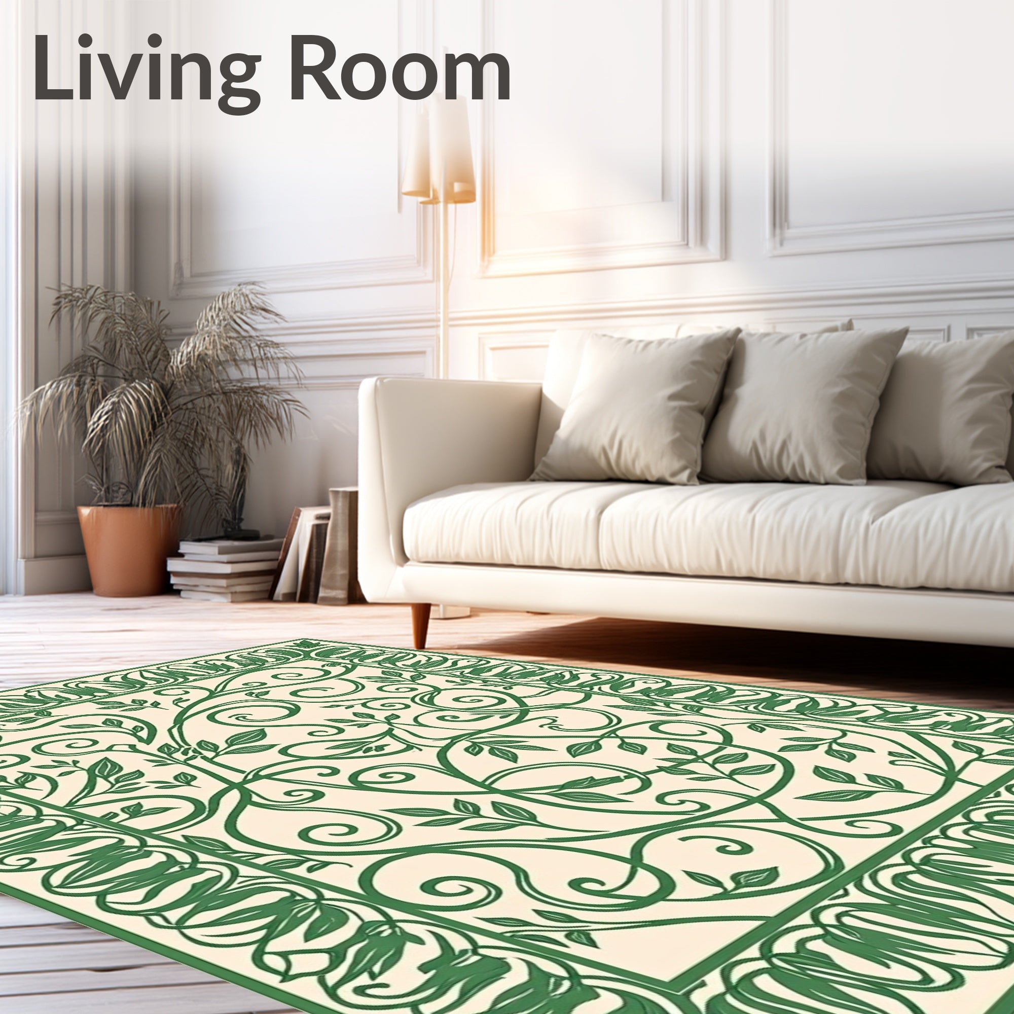 Elegant Green Vine Scrollwork Pattern Rug