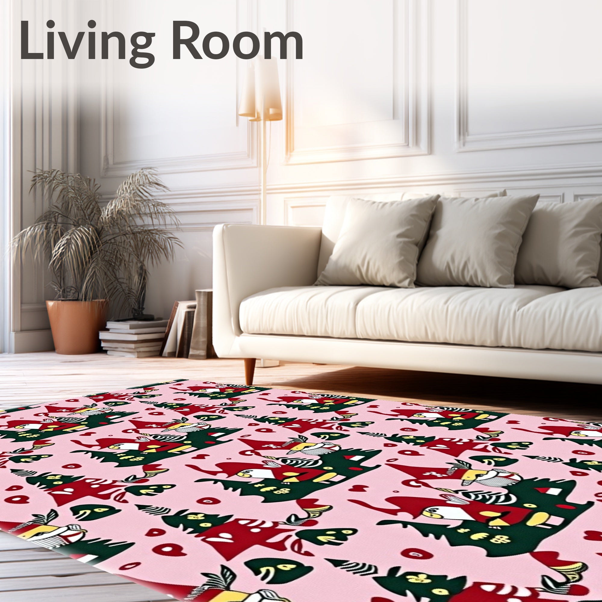 Whimsical Gnomes Festive Christmas Trees Pink Rug