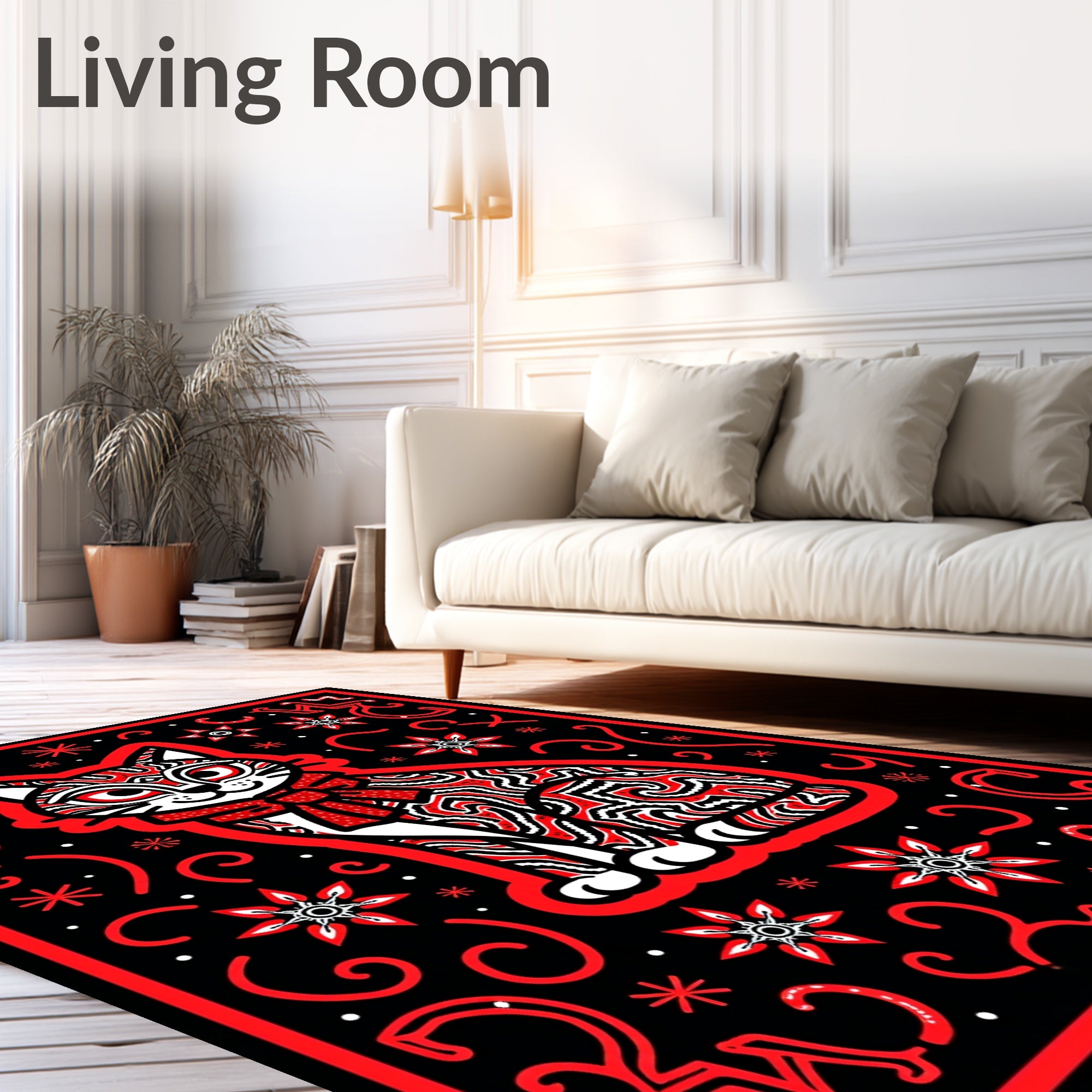 Whimsical Red Swirl Cat Patterned Rug