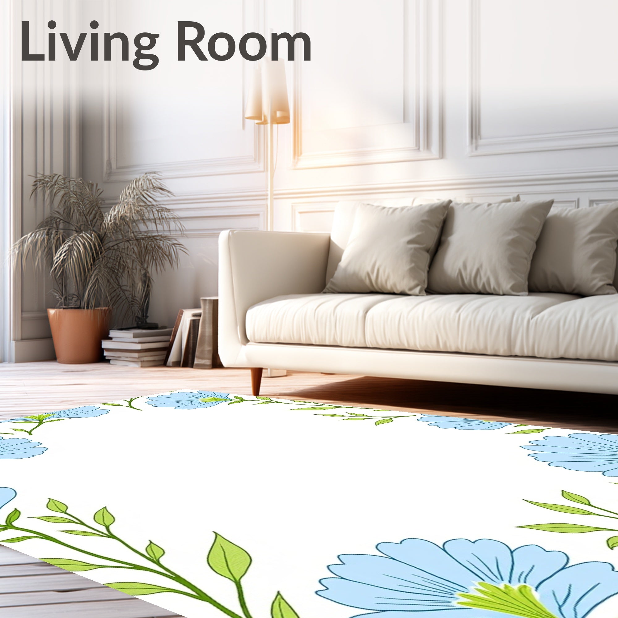 Light Blue Floral Vine Border Pattern Rug