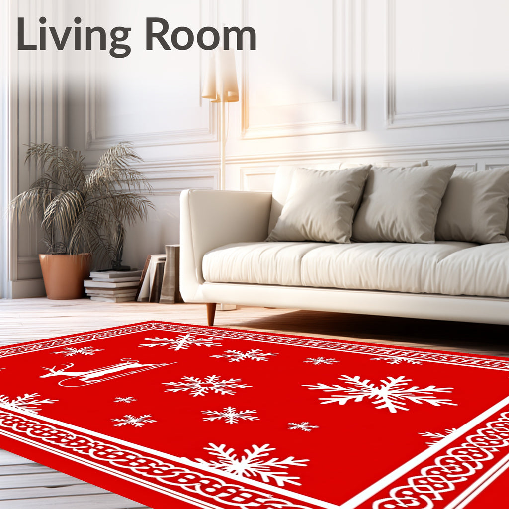 Red White Reindeer Snowflake Pattern Rug