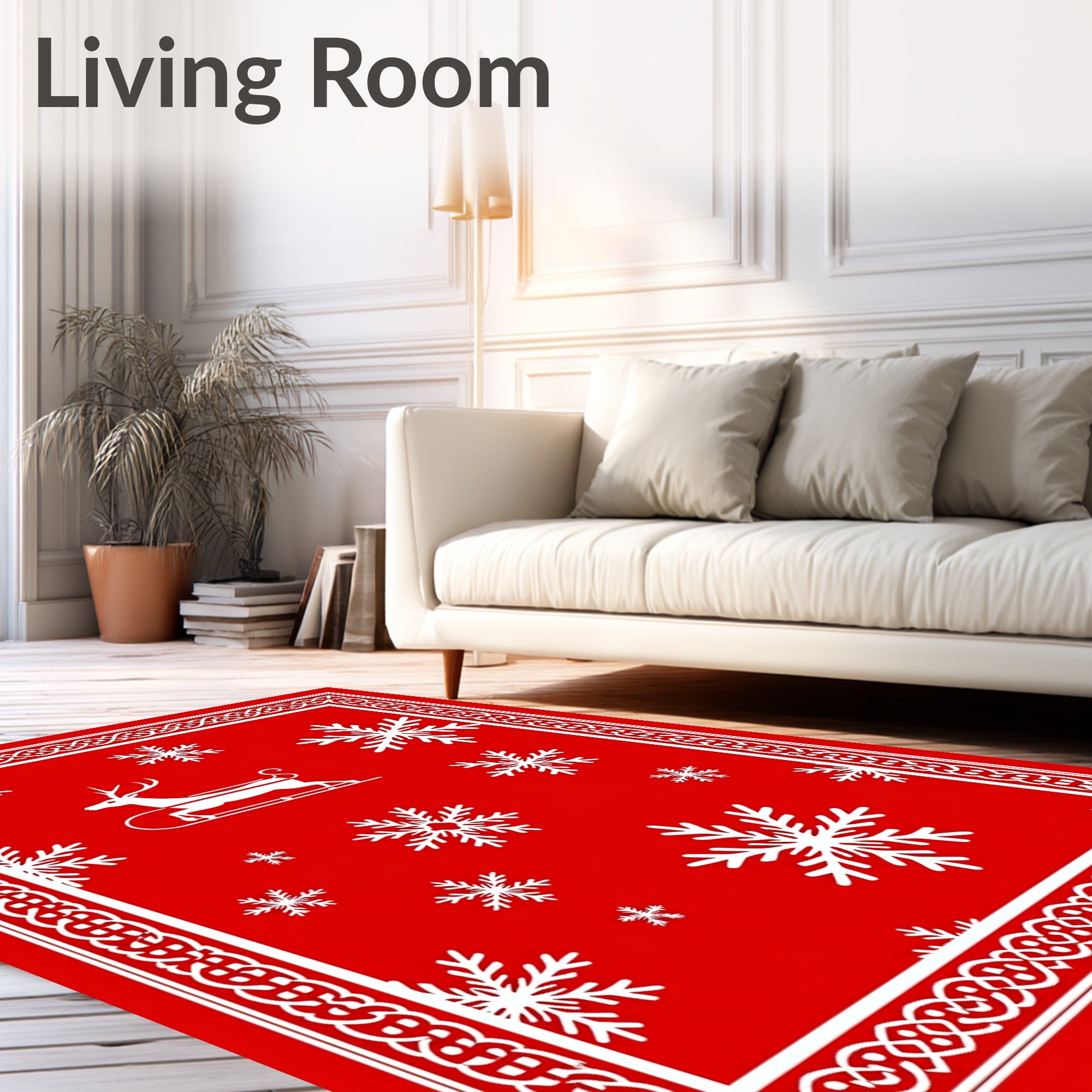 Red White Reindeer Snowflake Pattern Rug