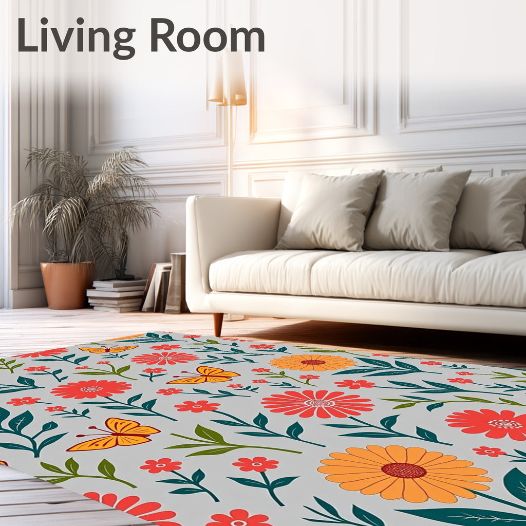 Sunny Floral Butterfly Botanical Pattern Rug
