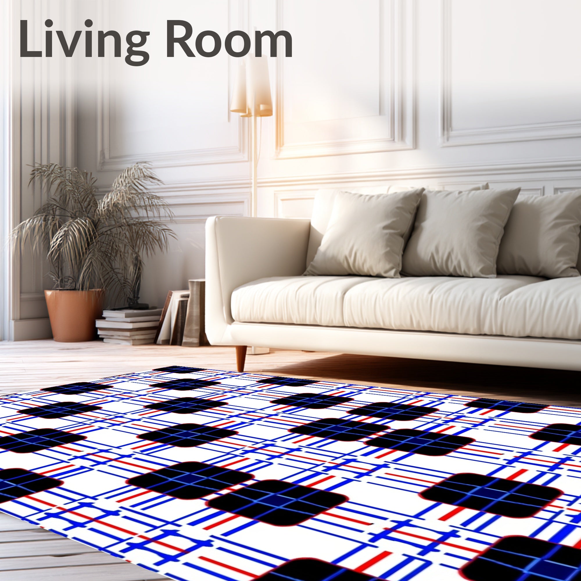 Crimson Blue White Grid Squares Rug