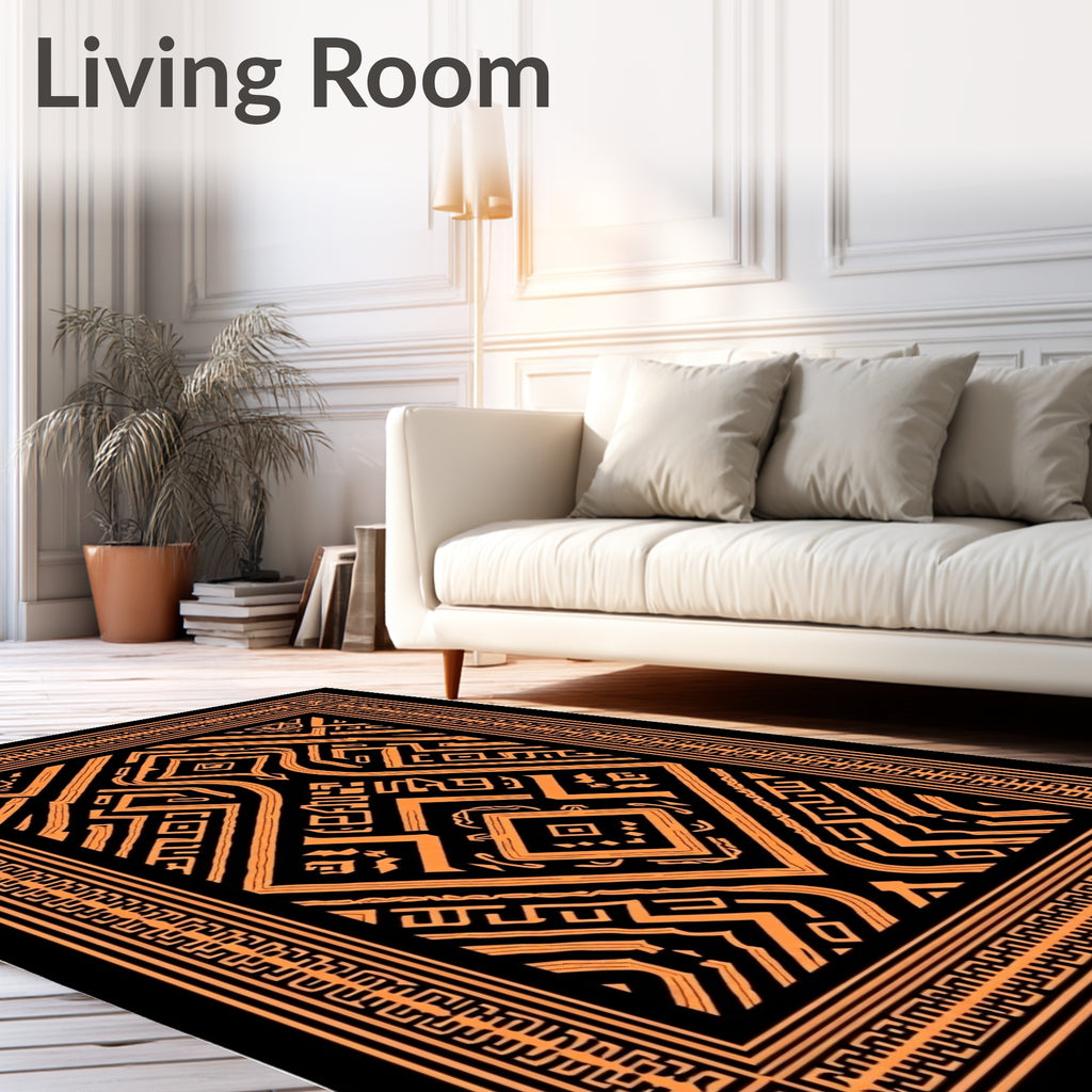 Bold Black Orange Geometric Tribal Rug