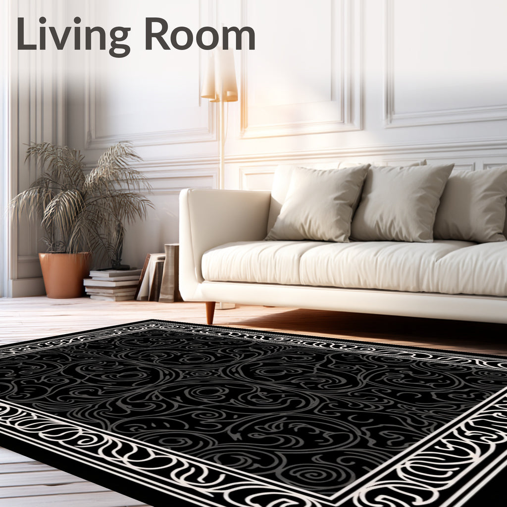 Ornate Scrollwork Black White Rug