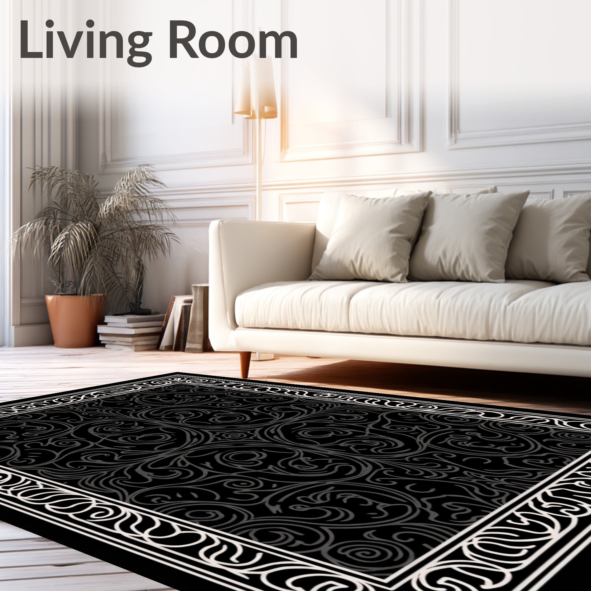 Ornate Scrollwork Black White Rug