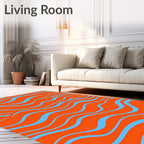 Fluid Blue Waves On Orange Field Rug