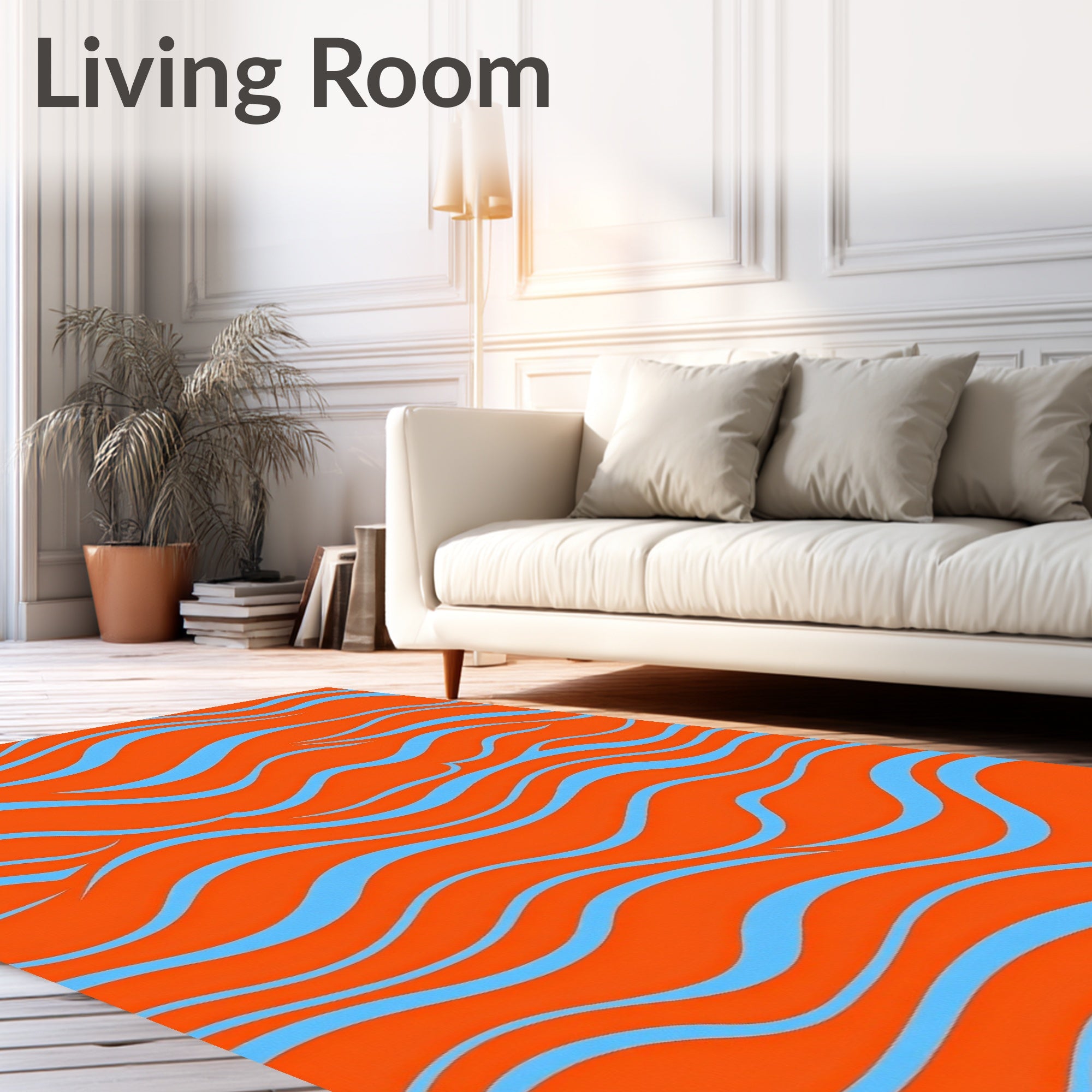 Fluid Blue Waves On Orange Field Rug