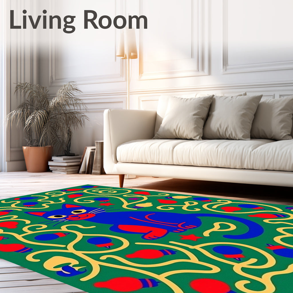 Whimsical Blue Cat Playful Pattern Rug