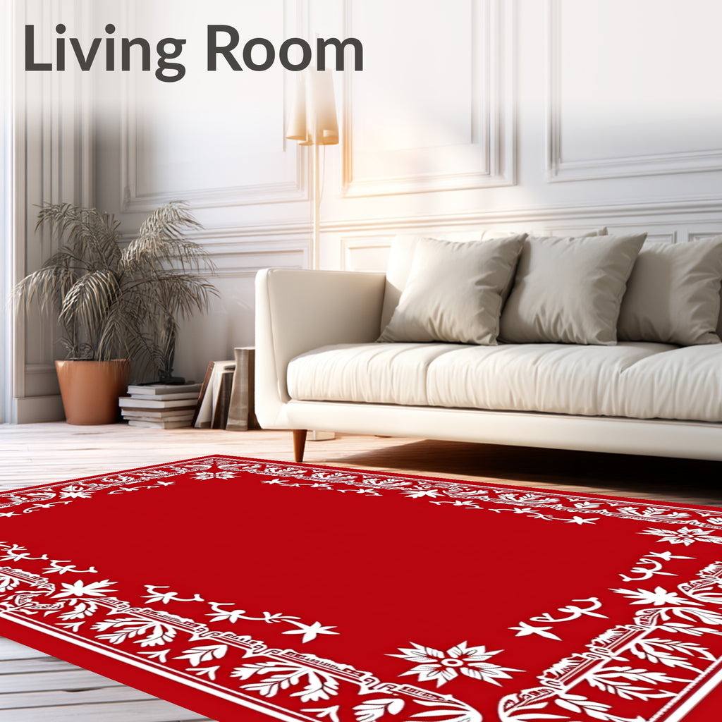 Red White Floral Leaf Border Design Rug