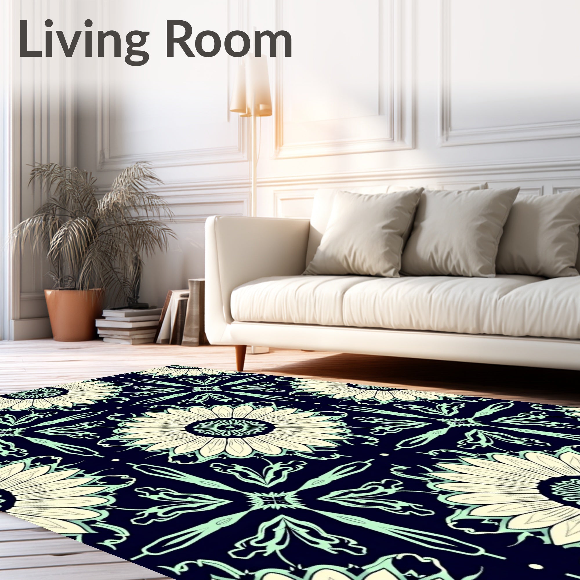 Floral Mandala Patterned Indigo Rug