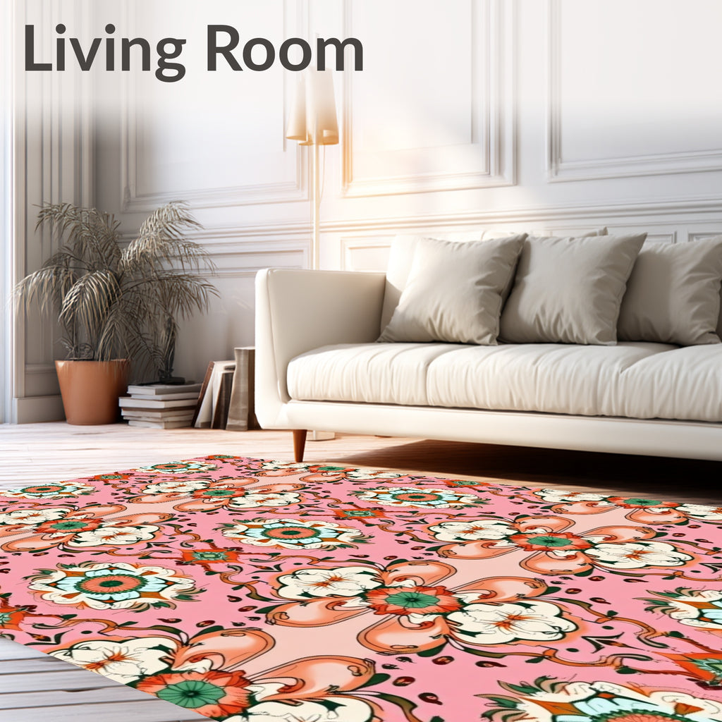Ornate Floral Pattern on Pink Background Rug