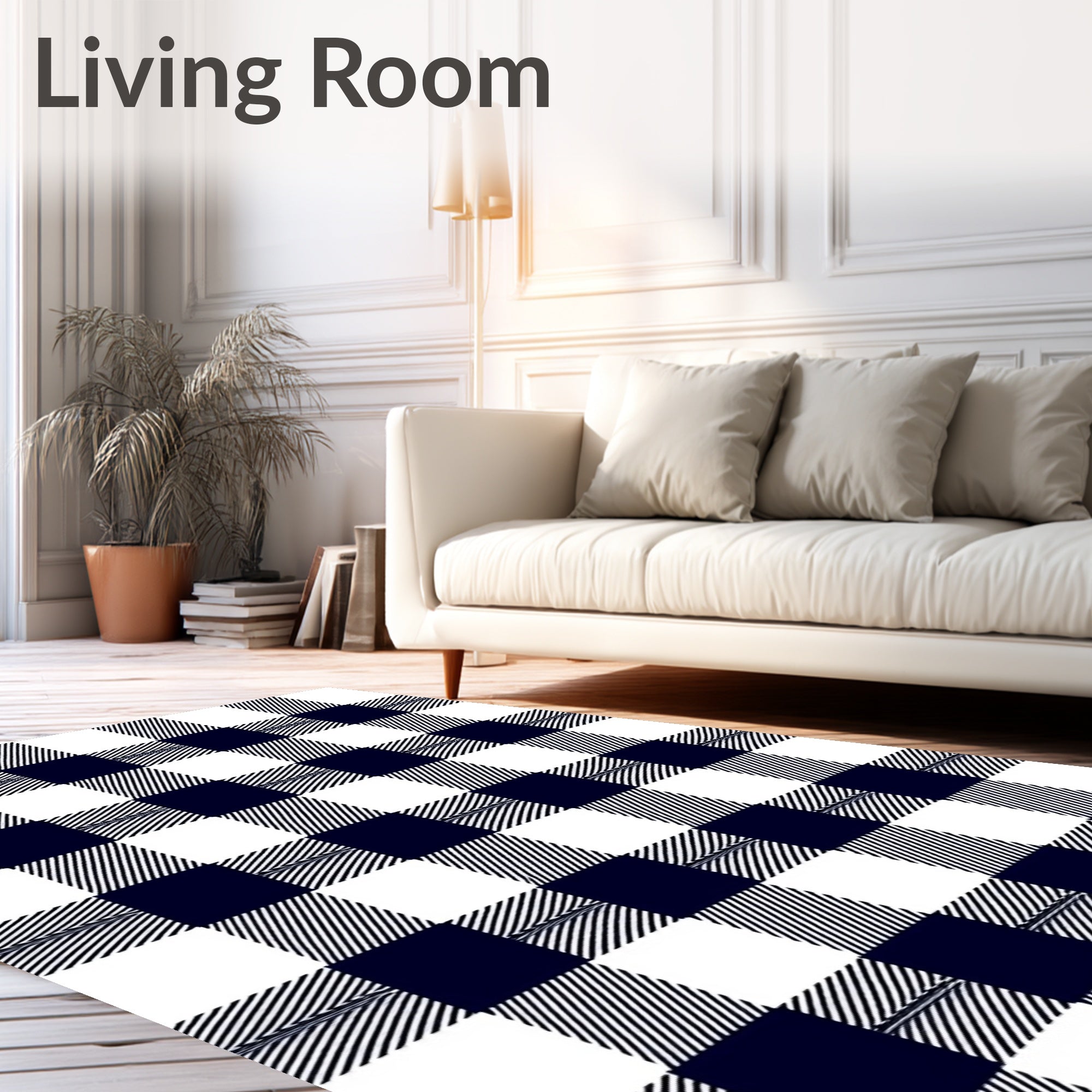 Classic Navy White Gingham Check Rug