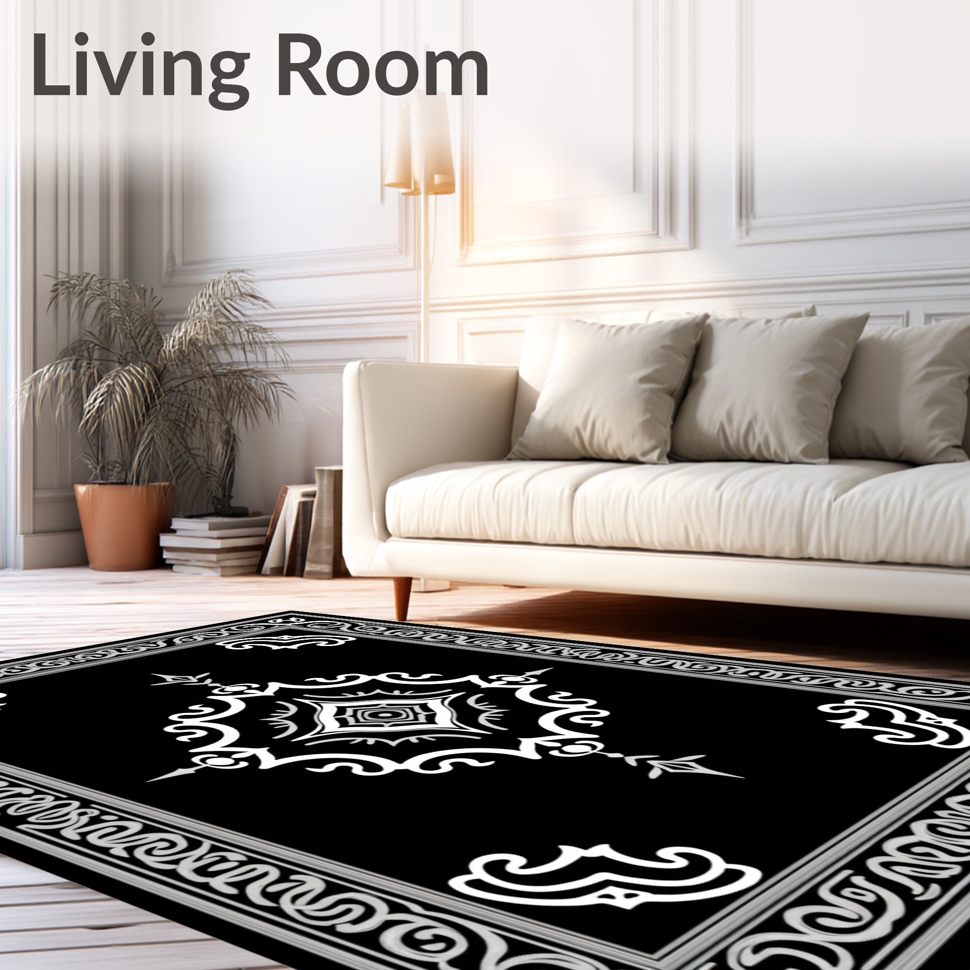 Intricate Black White Floral Medallion Rug