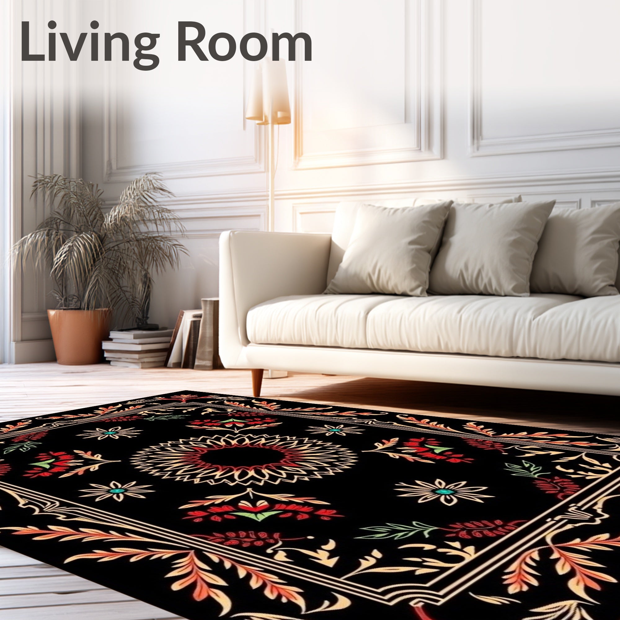 Black Floral Sunburst Pattern Rug