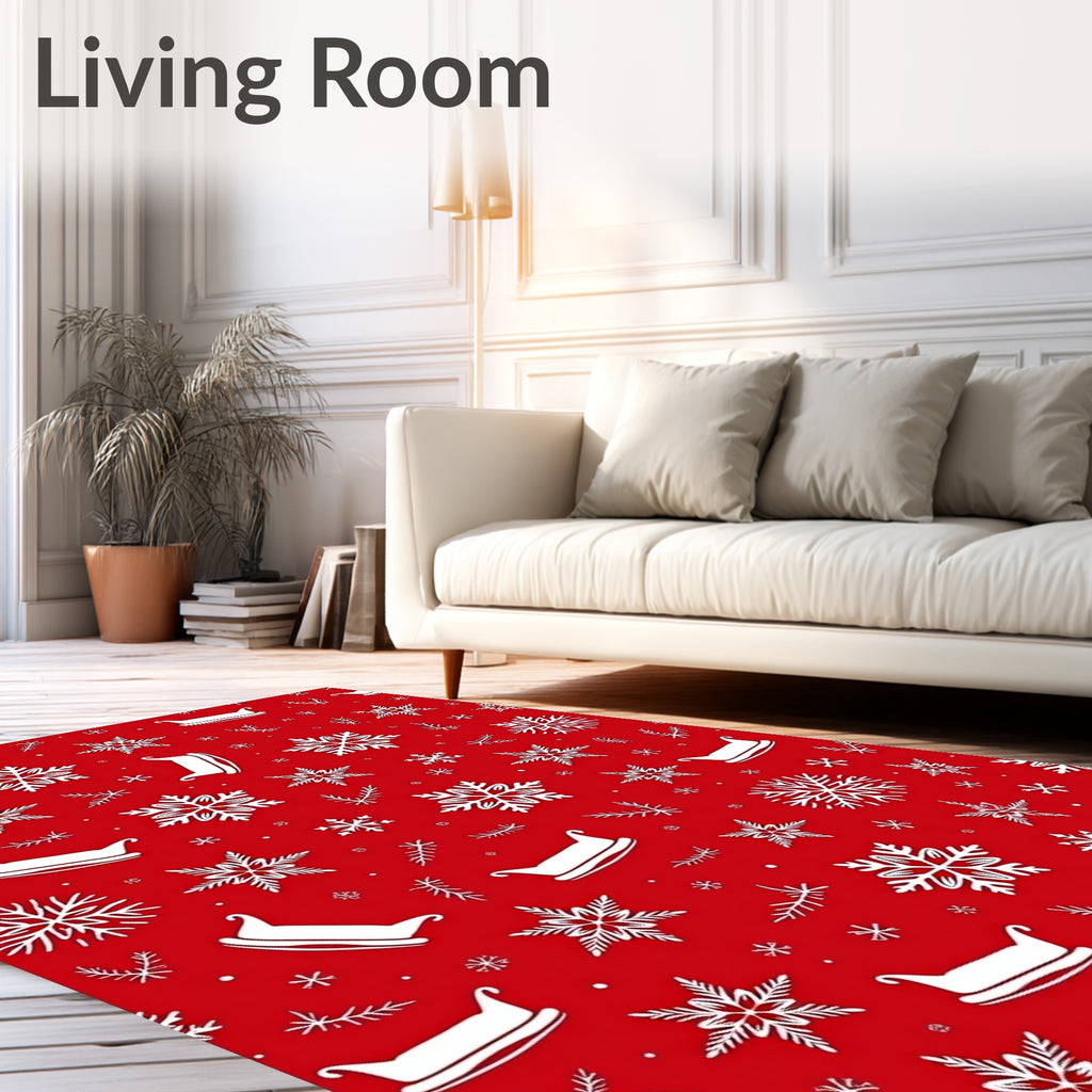 White Snowflakes Sleighs Red Background Rug