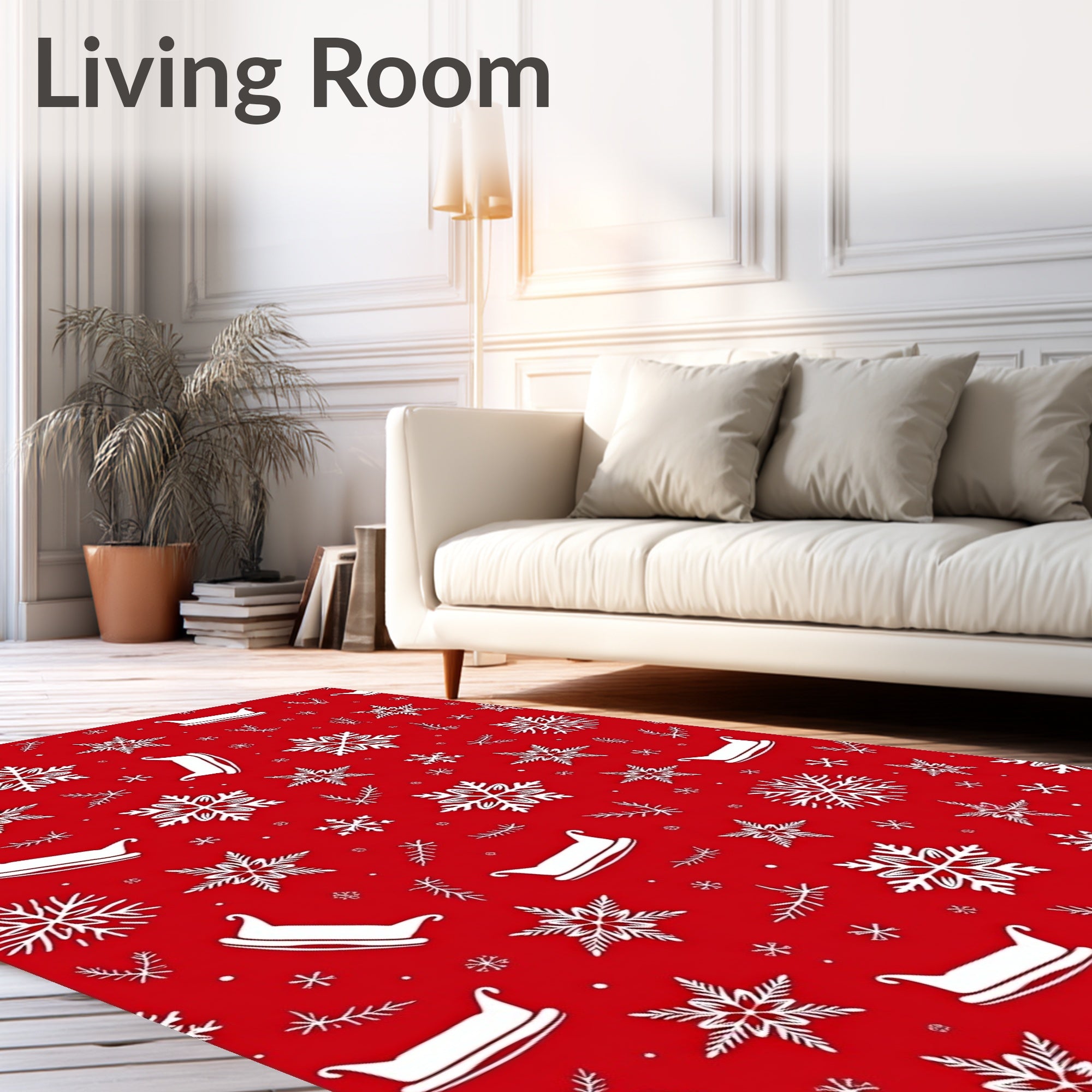 White Snowflakes Sleighs Red Background Rug