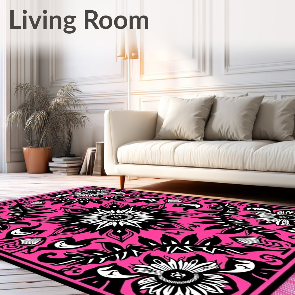 Vibrant Pink Black Floral Medallion Rug