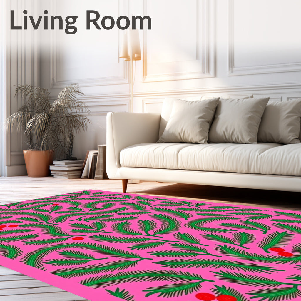 Vibrant Green Fronds Red Berries Rug