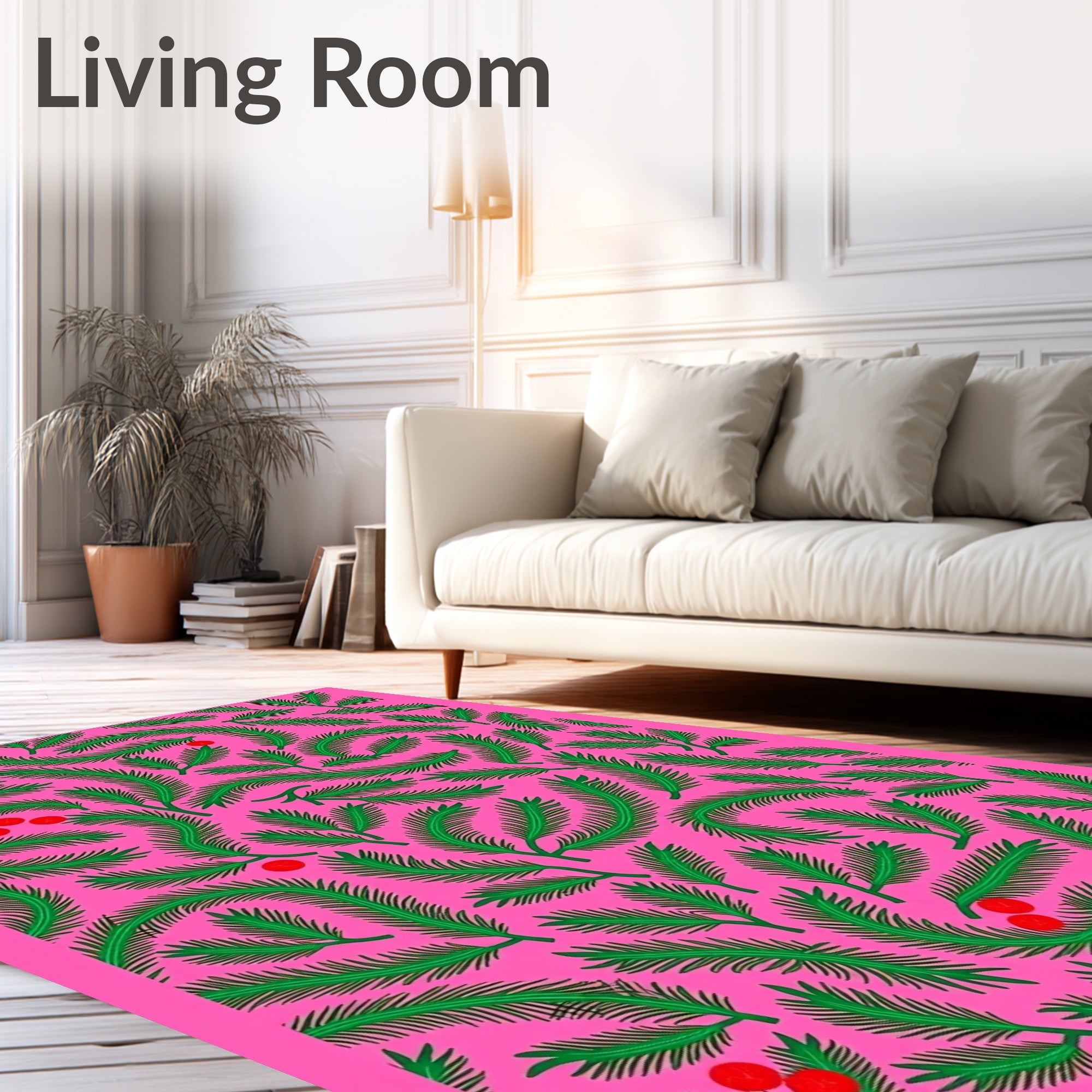 Vibrant Green Fronds Red Berries Rug