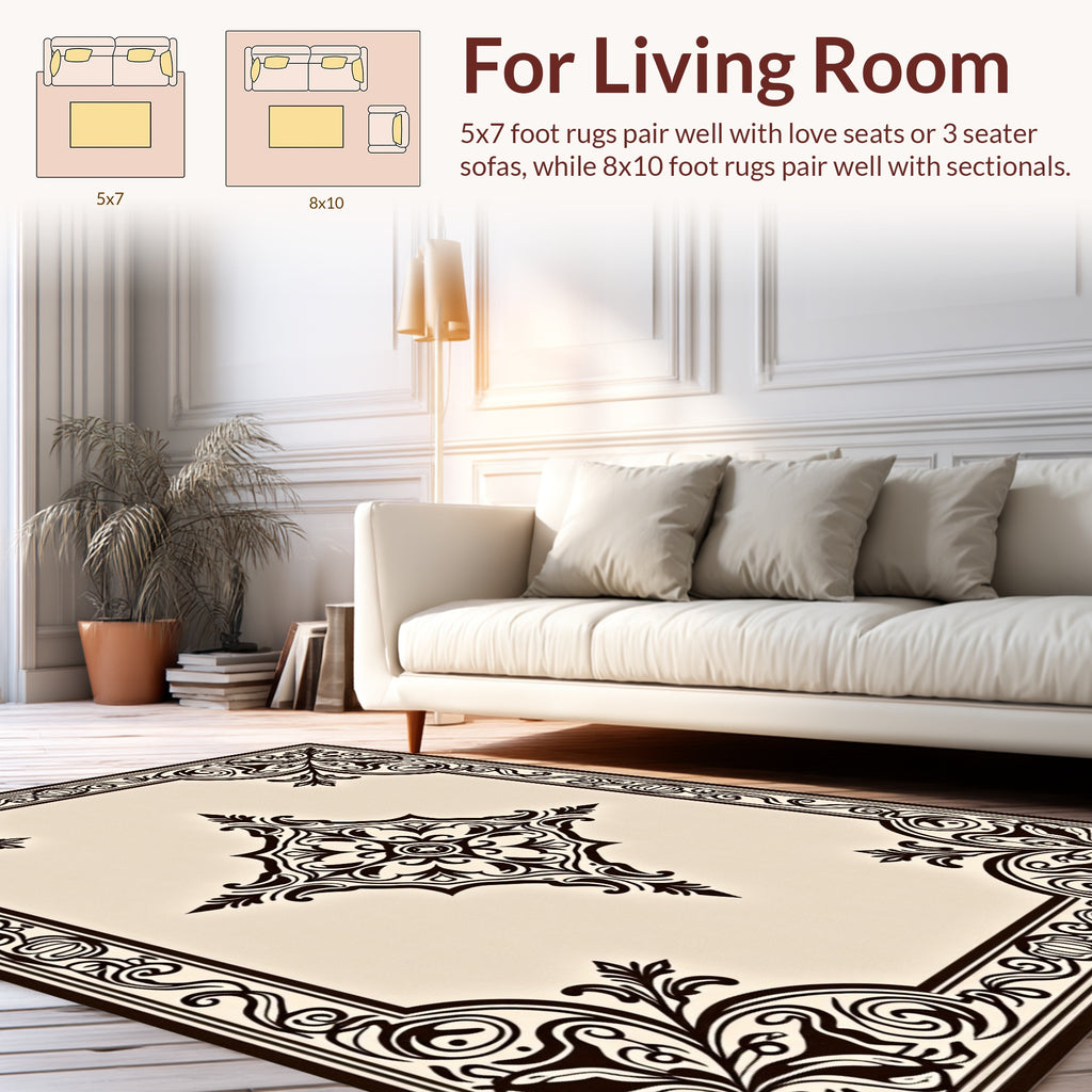Ornate Brown Ivory Floral Design Rug