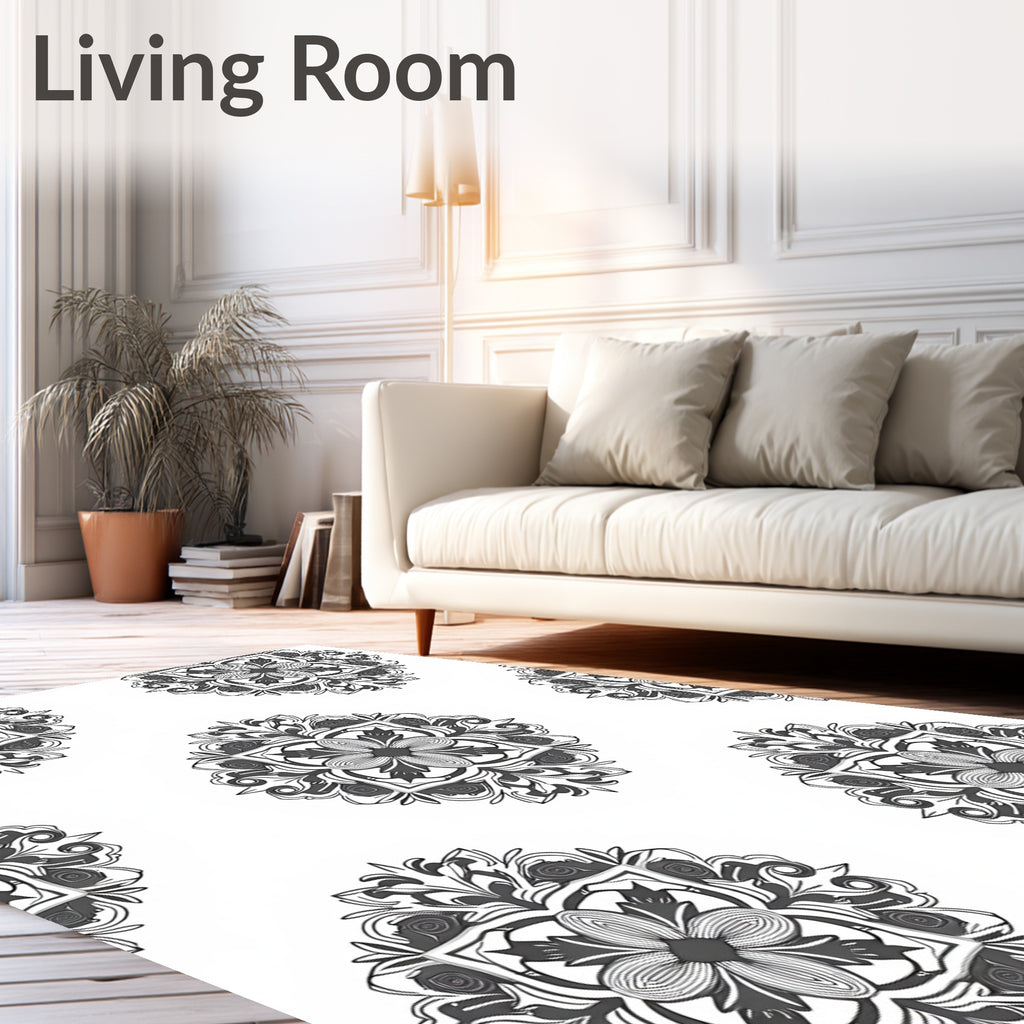 Monochrome Floral Medallion Pattern Rug