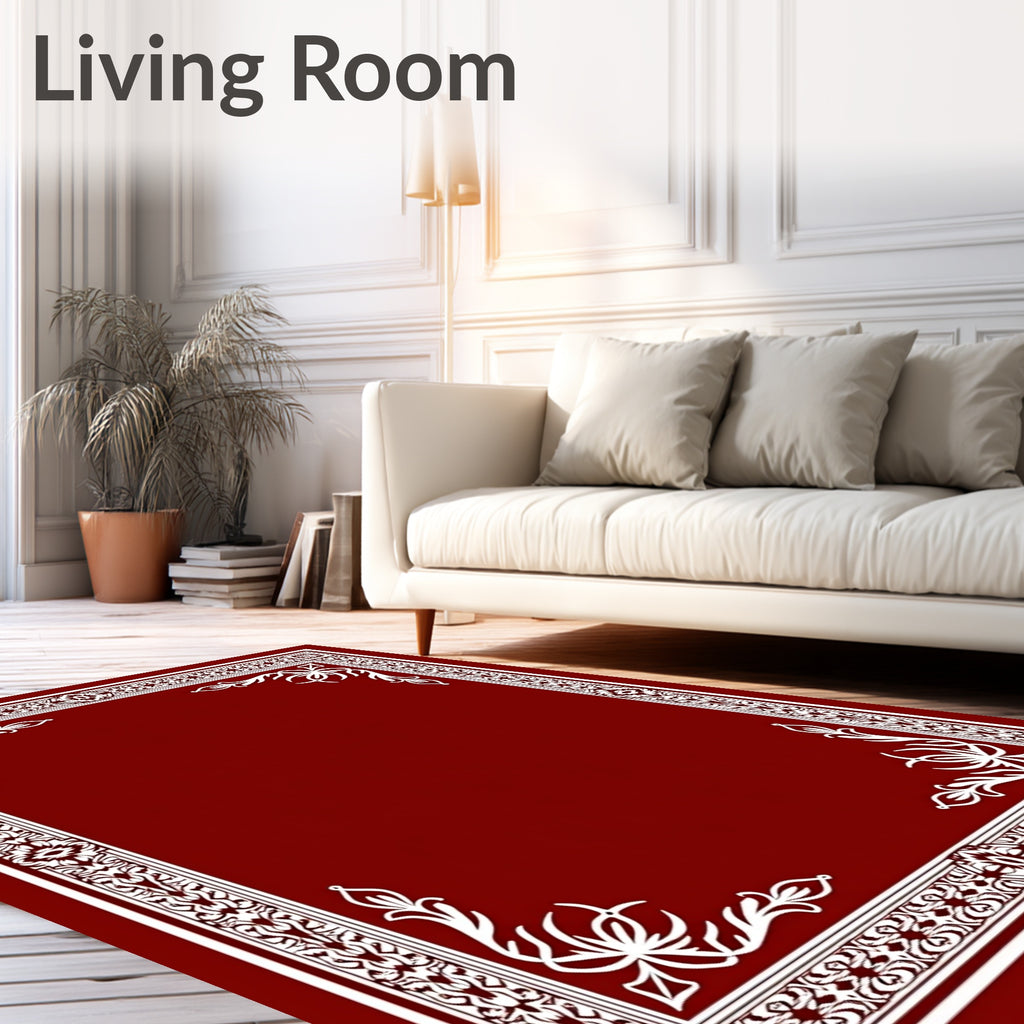 Ornate White Floral Border Design Rug