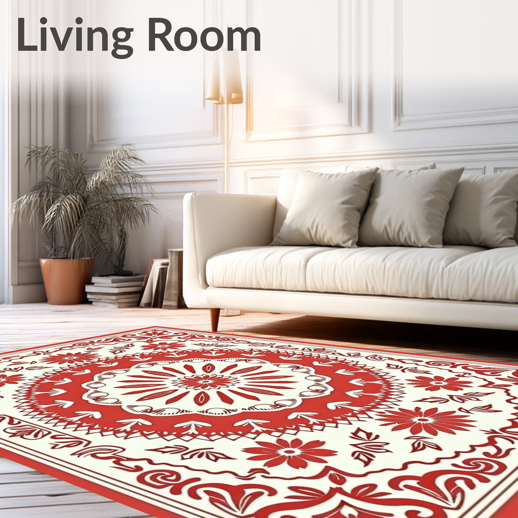 Floral Mandala Patterned Red Rug