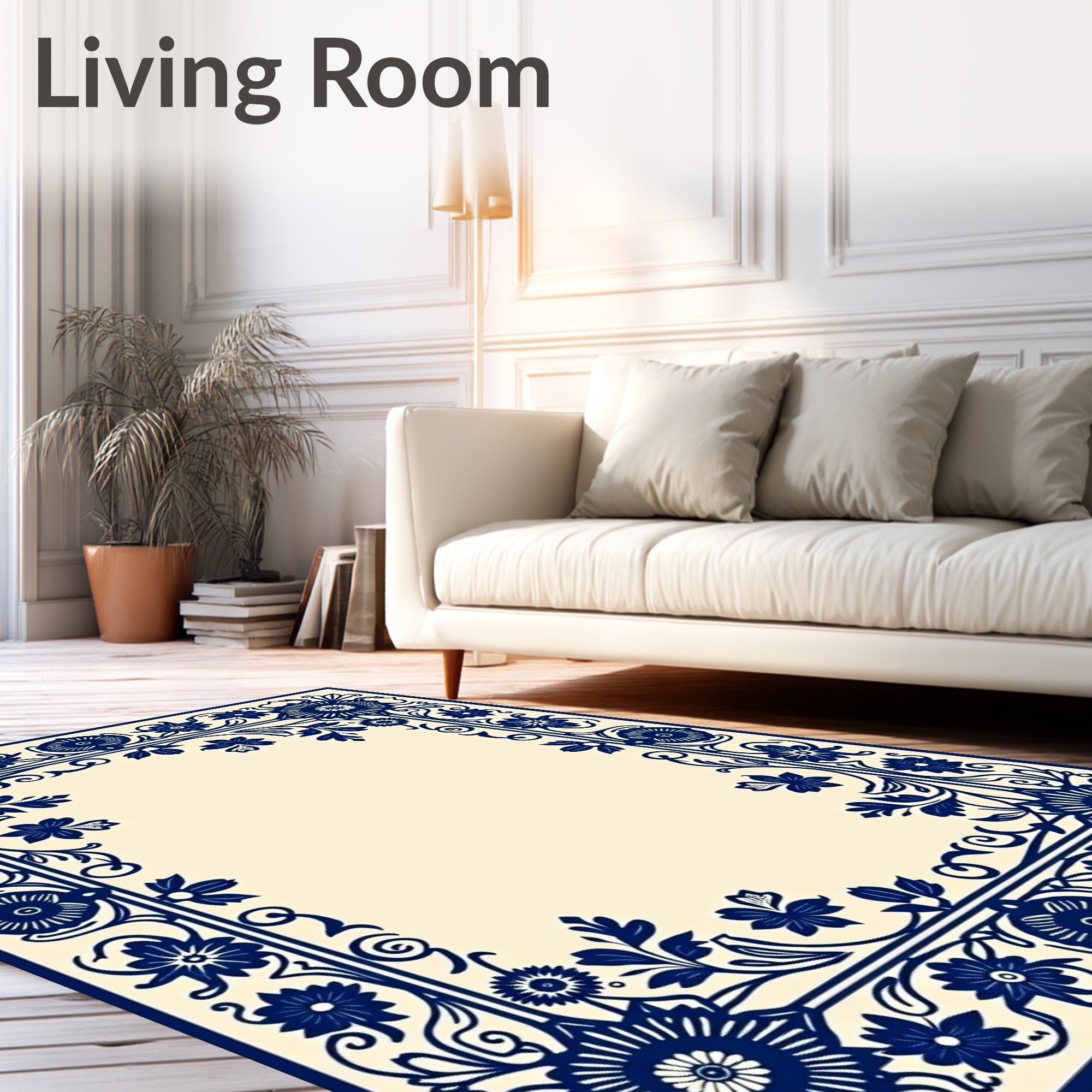 Classic Blue Floral Botanical Border Rug