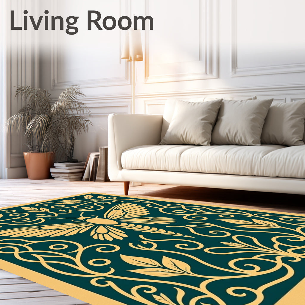 Golden Moth Floral Scroll Design Rug