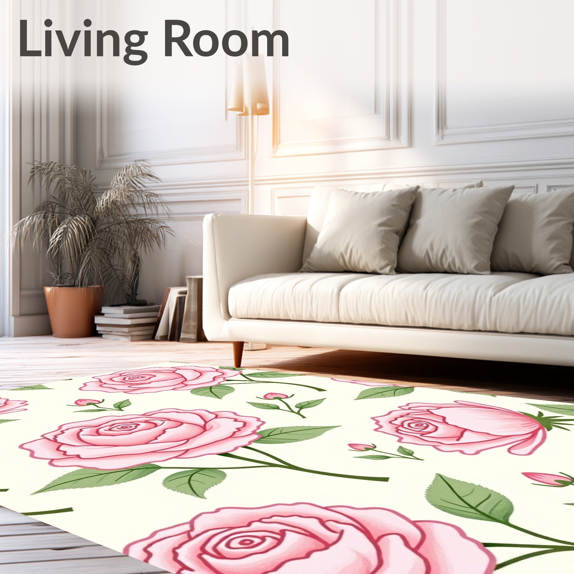 Delicate Pink Rose Botanical Pattern Rug