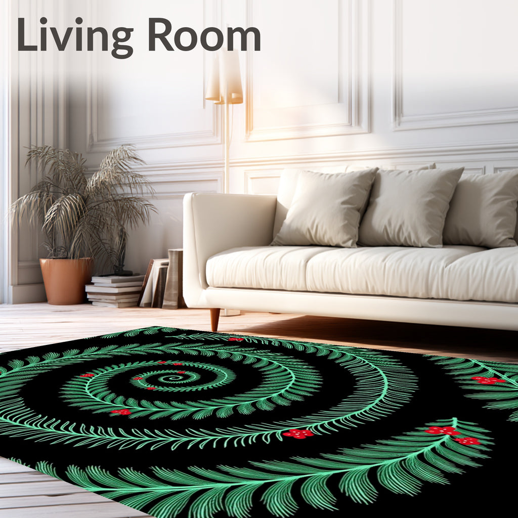 Spiraling Greenery Red Berry Design Rug