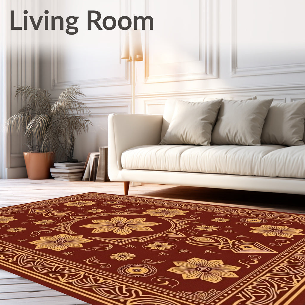 Rich Crimson Gold Floral Pattern Rug