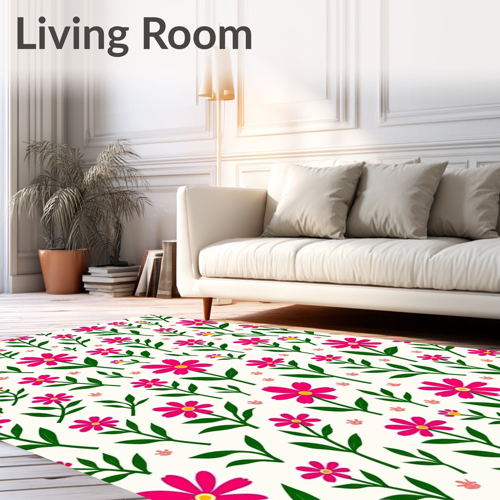 Bright Pink Daisy Garden Pattern Rug