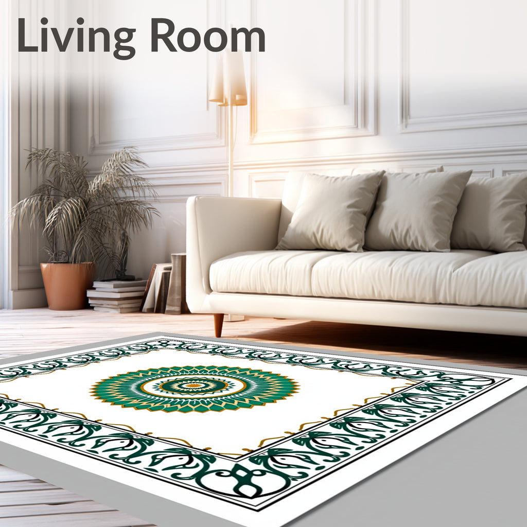 Elegant Teal Gold Medallion Border Rug