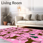 Pink Brown Reindeer Forest Snowflakes Rug