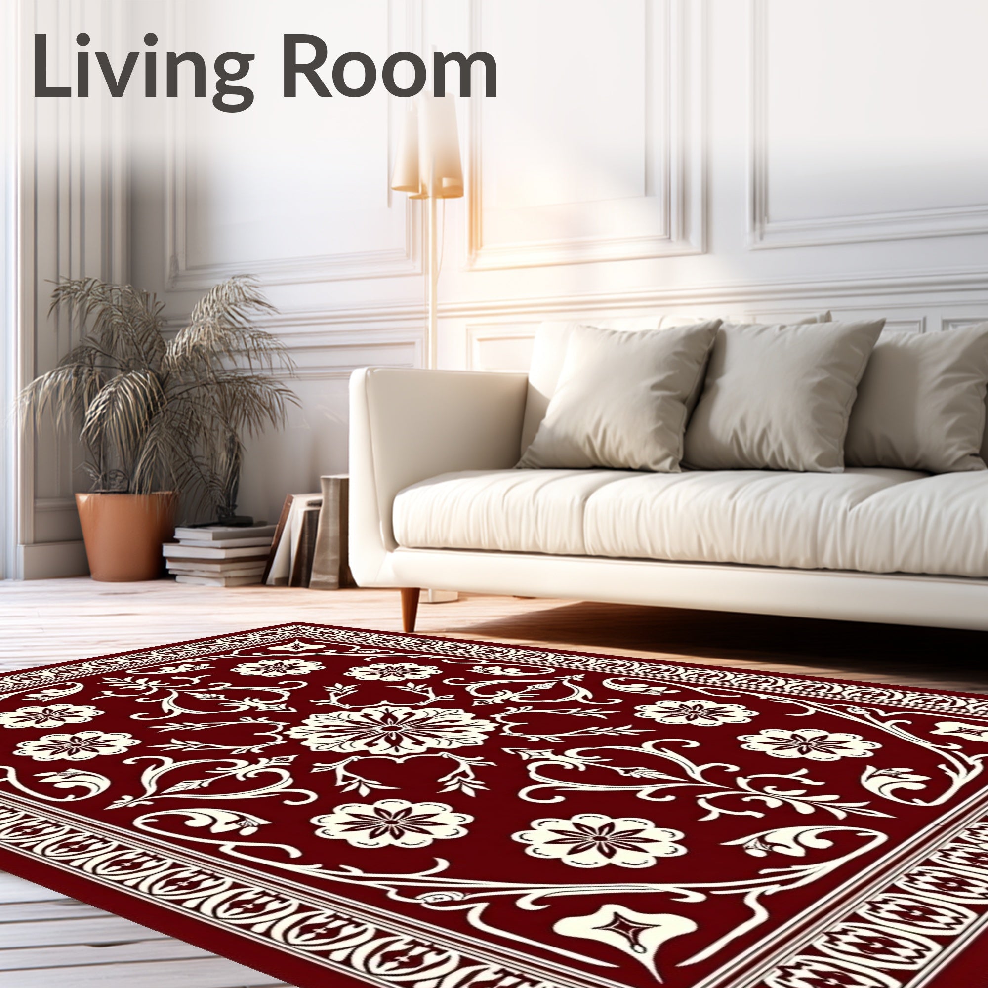 Crimson Floral Scroll Pattern Rug