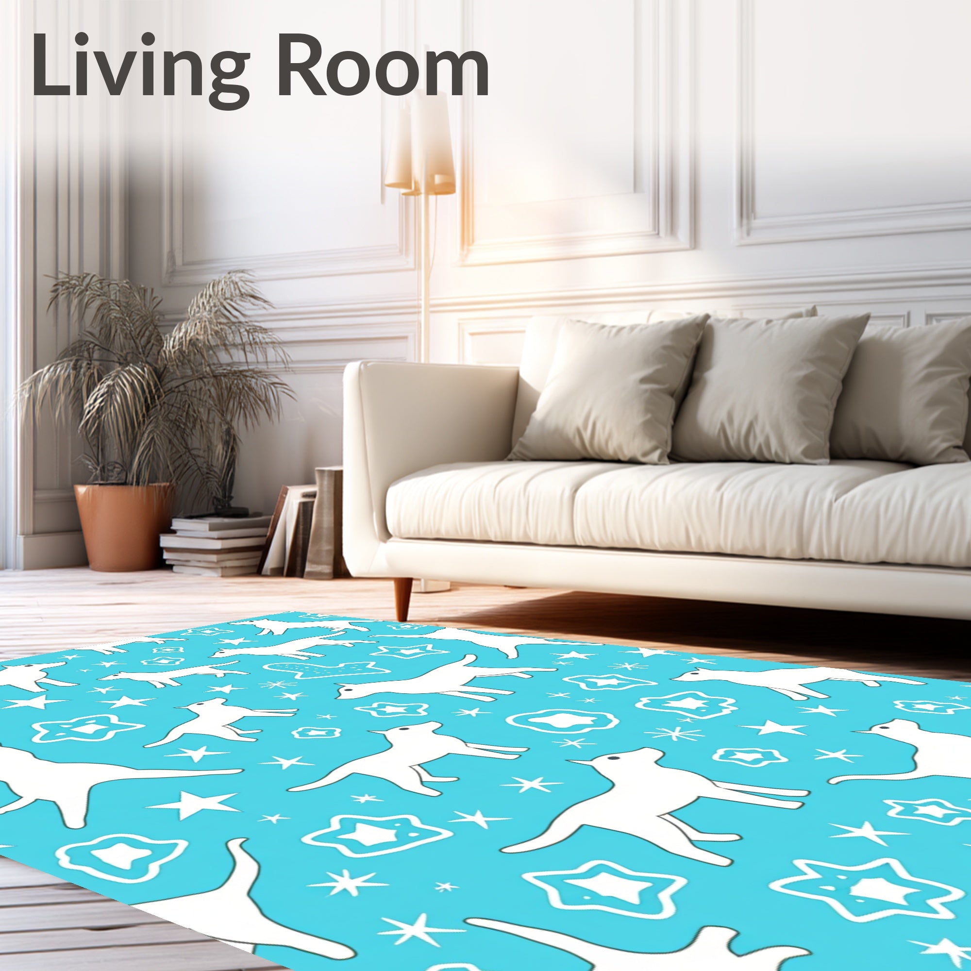 Playful White Dogs Stars Pattern Rug