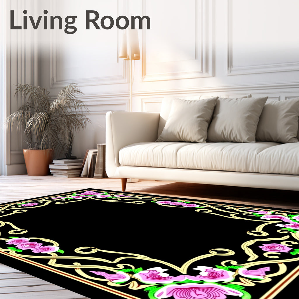 Pink Rose Swirl Floral Border Design Rug
