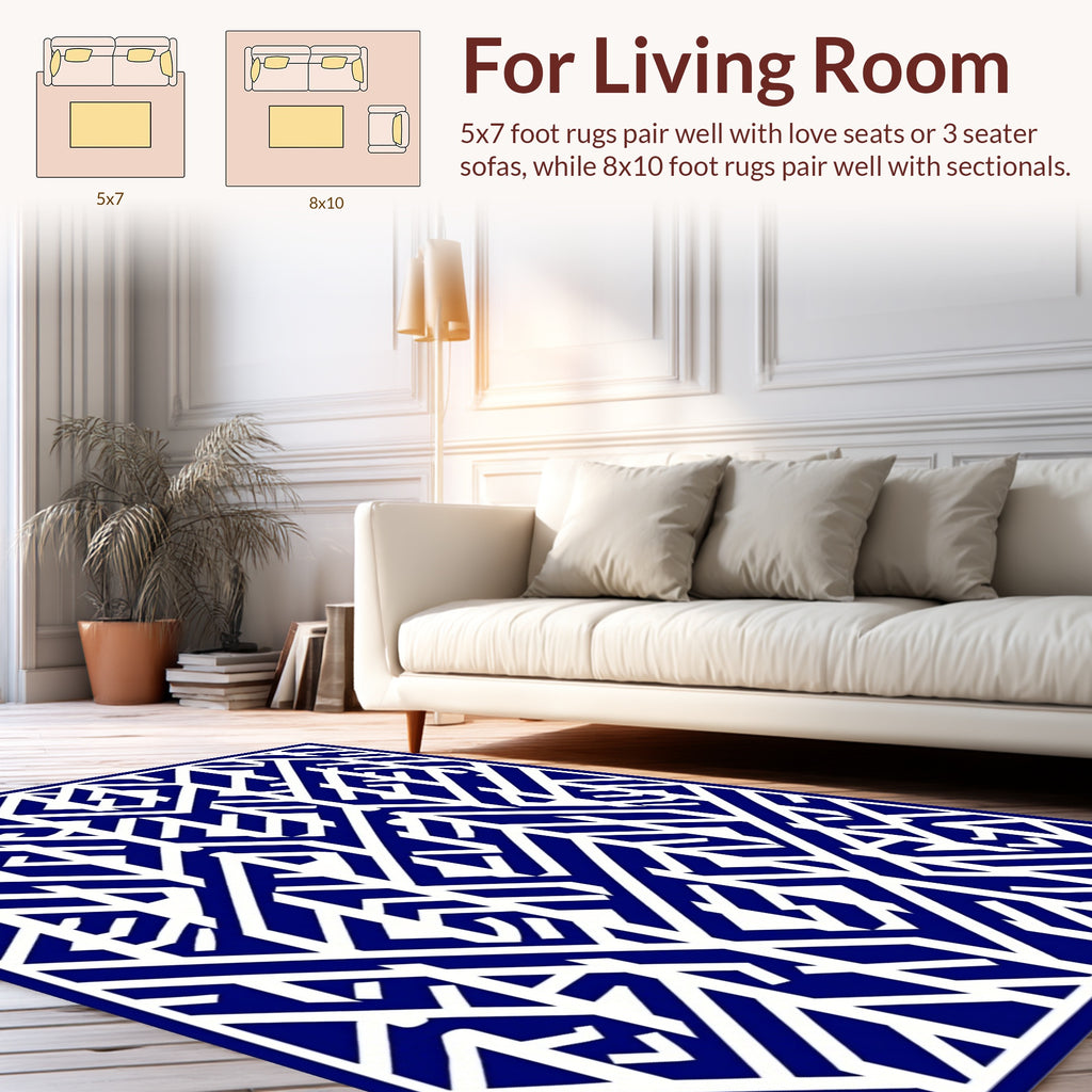 Deep Blue White Abstract Geometric Pattern Rug