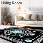 Black Cyan Floral Mandala Border Rug