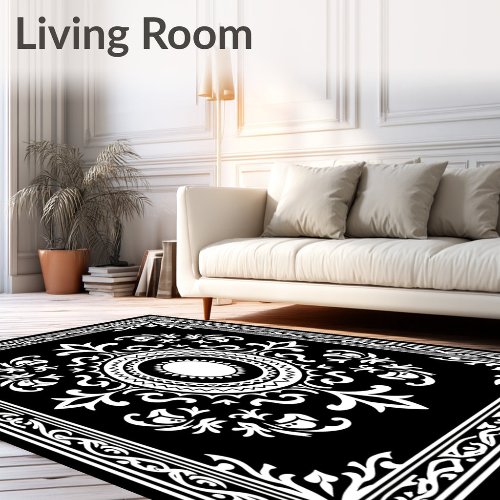 Classic Black White Floral Mandala Pattern Rug