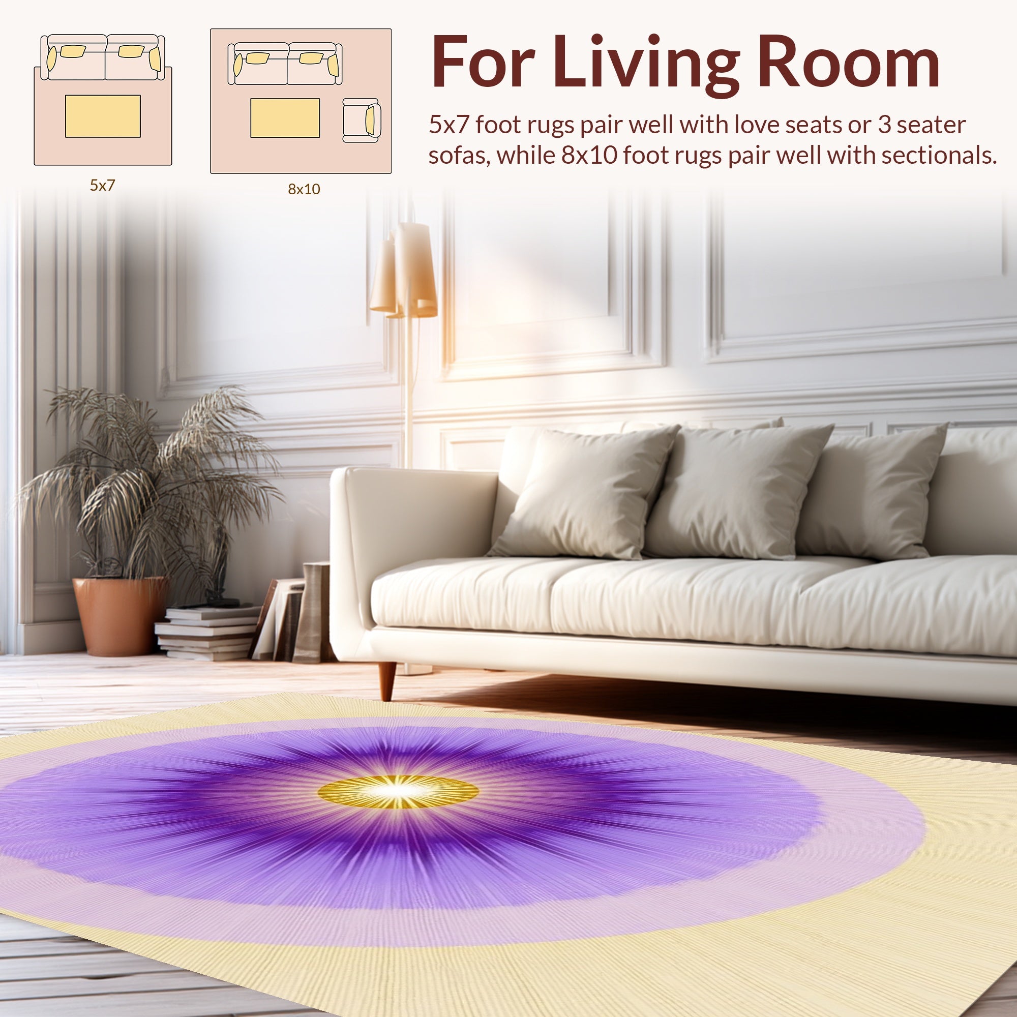 Radiant Purple Yellow Sunburst Design Rug